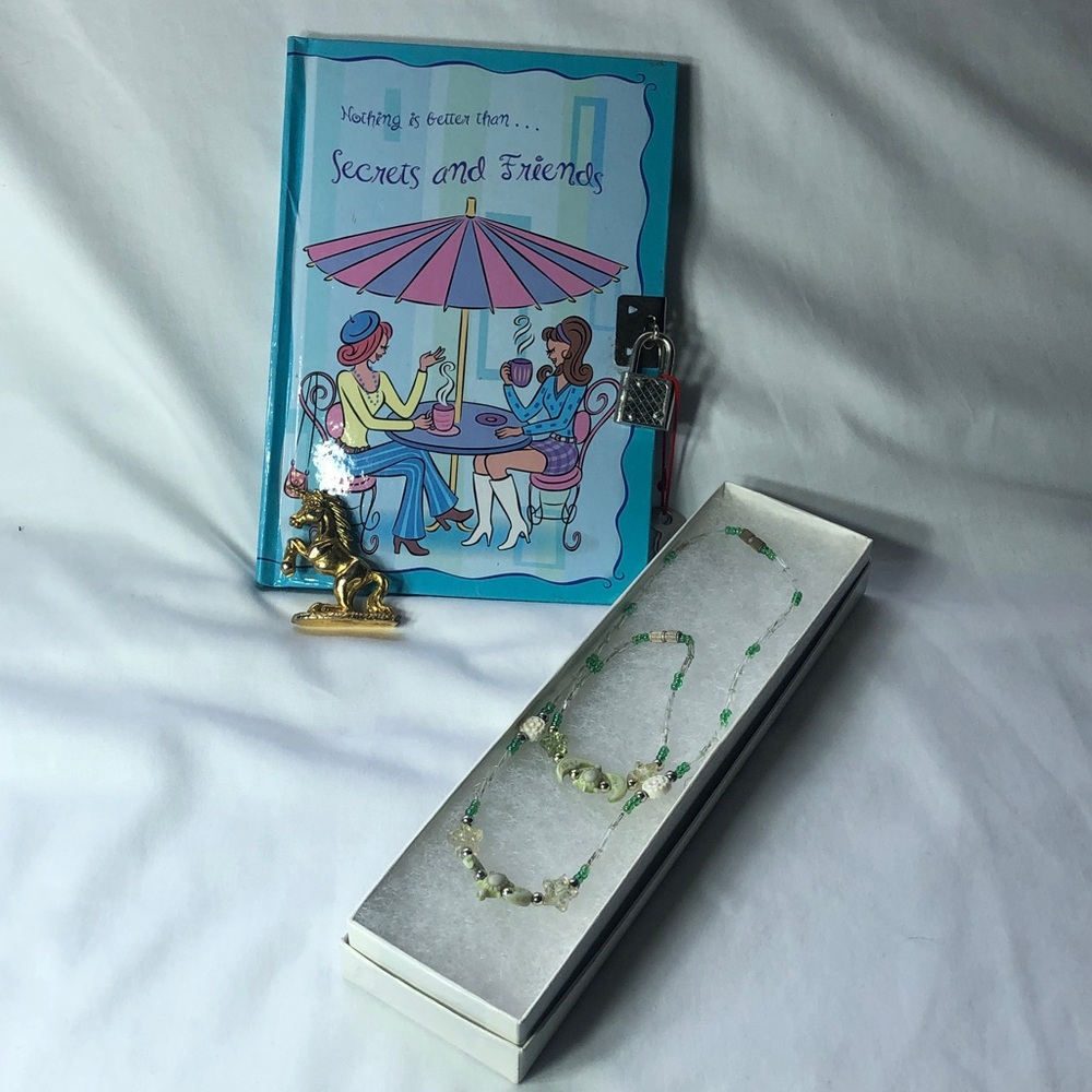Young Girl”s Gift Set Beaded Necklace & Bracelet;Unicorn Figure; & Diary